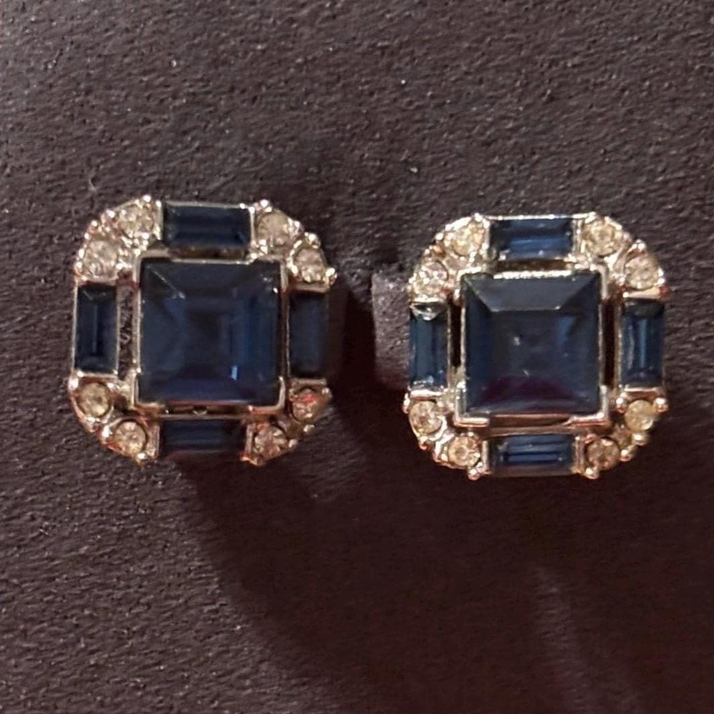 Vintage Bogoff Clip On Earrings. Blue Rhinestone, Classic Design, MCM, Art Deco